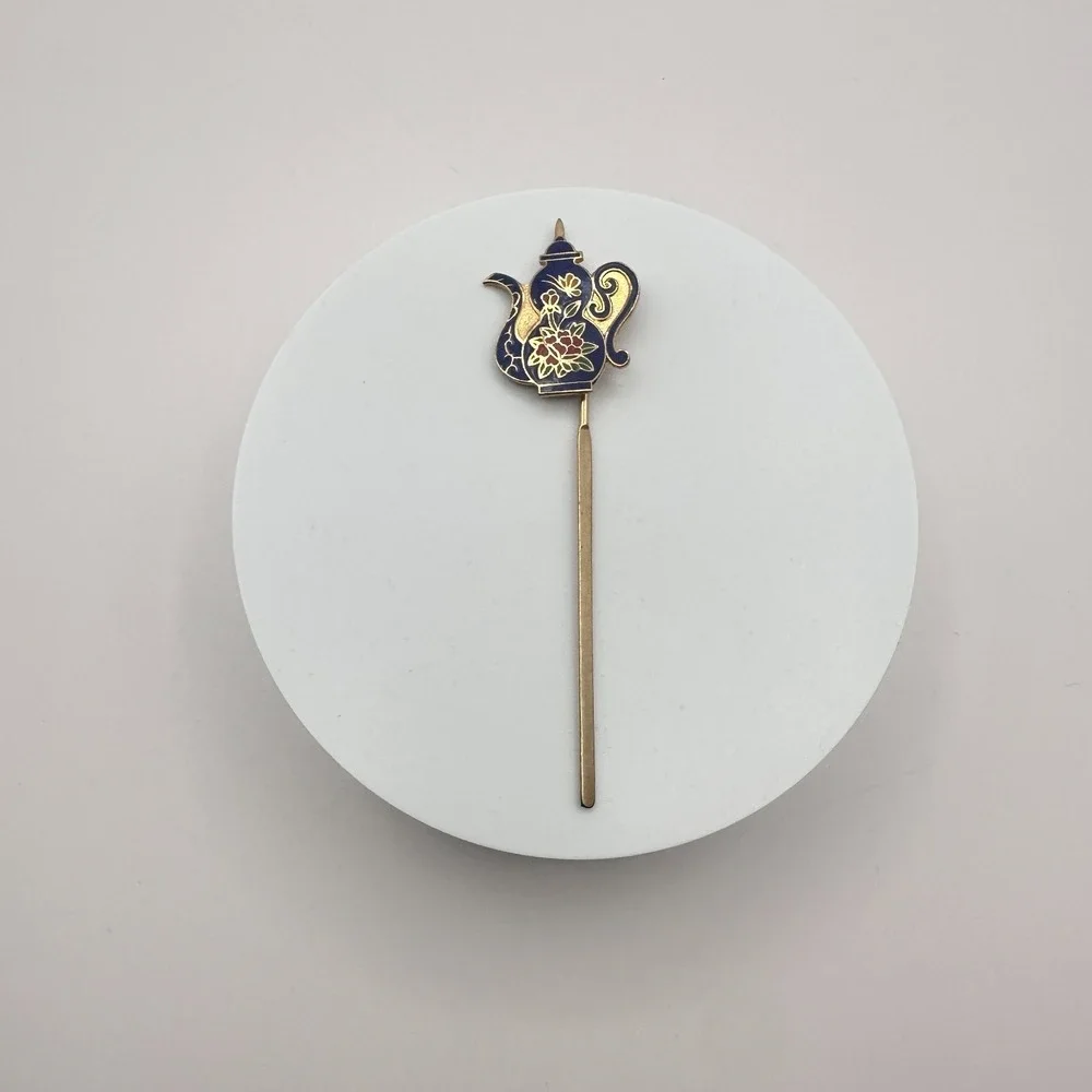Vintage 90s Cloisonne Teapot Hair Sticks Gold Tone Blue Enamel Women's Jewelry